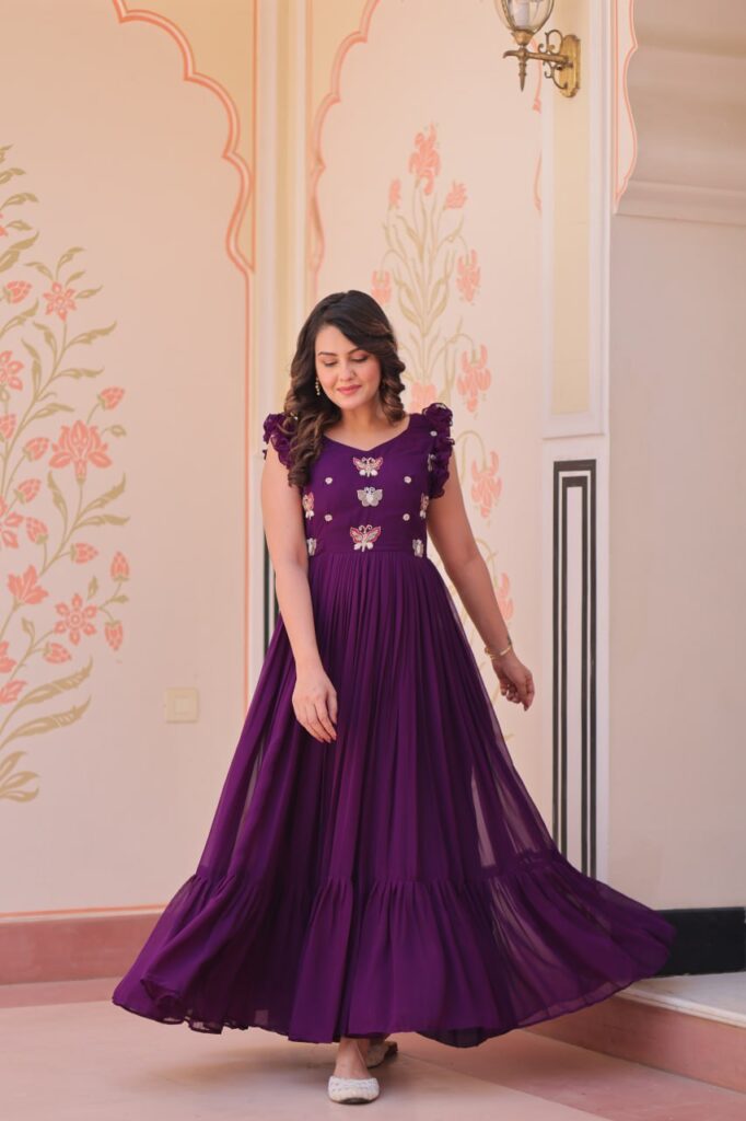 Women’s Elegant Plum Purple Georgette Anarkali Gown with Butterfly Applique & Ruffle Sleeves – Festive & Special Occasion Wear