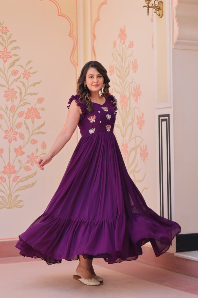 Women’s Elegant Plum Purple Georgette Anarkali Gown with Butterfly Applique & Ruffle Sleeves – Festive & Special Occasion Wear