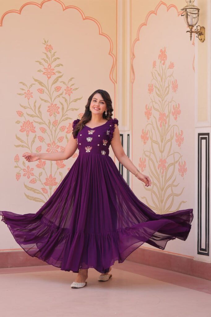 Women’s Elegant Plum Purple Georgette Anarkali Gown with Butterfly Applique & Ruffle Sleeves – Festive & Special Occasion Wear