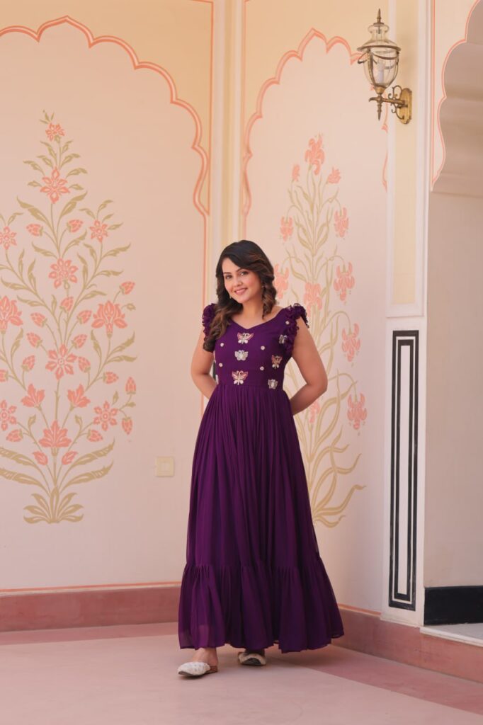 Women’s Elegant Plum Purple Georgette Anarkali Gown with Butterfly Applique & Ruffle Sleeves – Festive & Special Occasion Wear