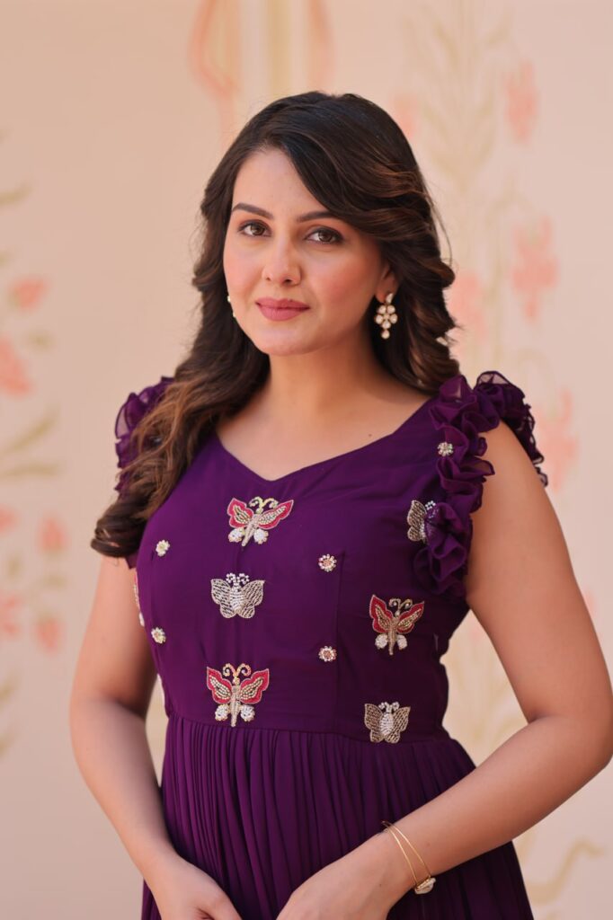 Women’s Elegant Plum Purple Georgette Anarkali Gown with Butterfly Applique & Ruffle Sleeves – Festive & Special Occasion Wear