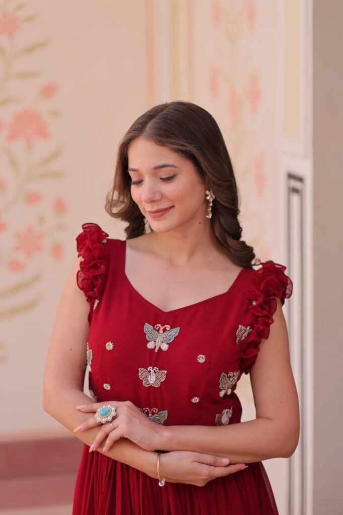 Women’s Elegant Plum Purple Georgette Anarkali Gown with Butterfly Applique & Ruffle Sleeves – Festive & Special Occasion Wear