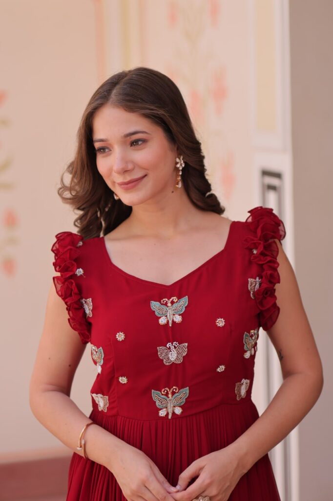 Women’s Elegant Plum Purple Georgette Anarkali Gown with Butterfly Applique & Ruffle Sleeves – Festive & Special Occasion Wear