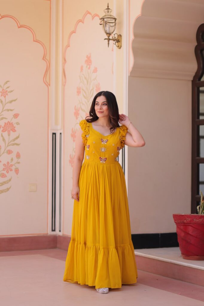 Women’s Elegant Plum Purple Georgette Anarkali Gown with Butterfly Applique & Ruffle Sleeves – Festive & Special Occasion Wear