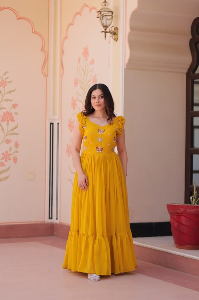 Women’s Elegant Plum Purple Georgette Anarkali Gown with Butterfly Applique & Ruffle Sleeves – Festive & Special Occasion Wear