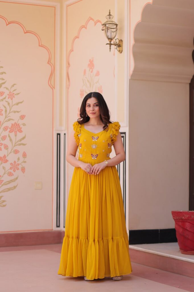 Women’s Elegant Plum Purple Georgette Anarkali Gown with Butterfly Applique & Ruffle Sleeves – Festive & Special Occasion Wear