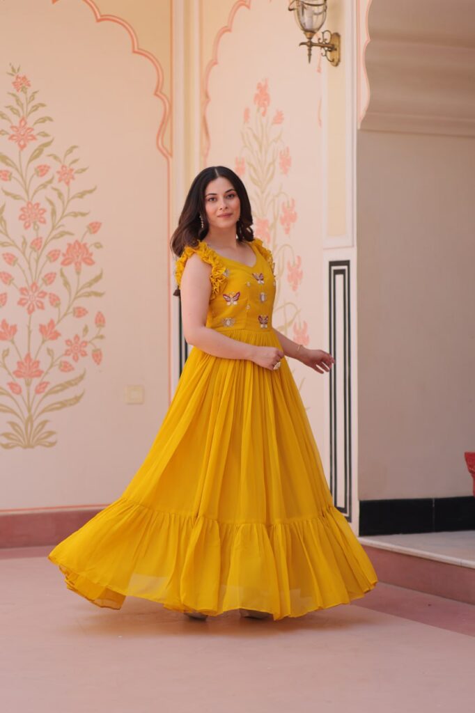 Women’s Elegant Plum Purple Georgette Anarkali Gown with Butterfly Applique & Ruffle Sleeves – Festive & Special Occasion Wear