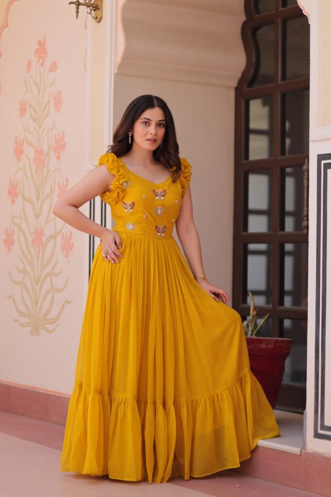 Women’s Elegant Plum Purple Georgette Anarkali Gown with Butterfly Applique & Ruffle Sleeves – Festive & Special Occasion Wear