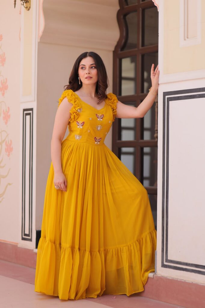 Women’s Elegant Plum Purple Georgette Anarkali Gown with Butterfly Applique & Ruffle Sleeves – Festive & Special Occasion Wear