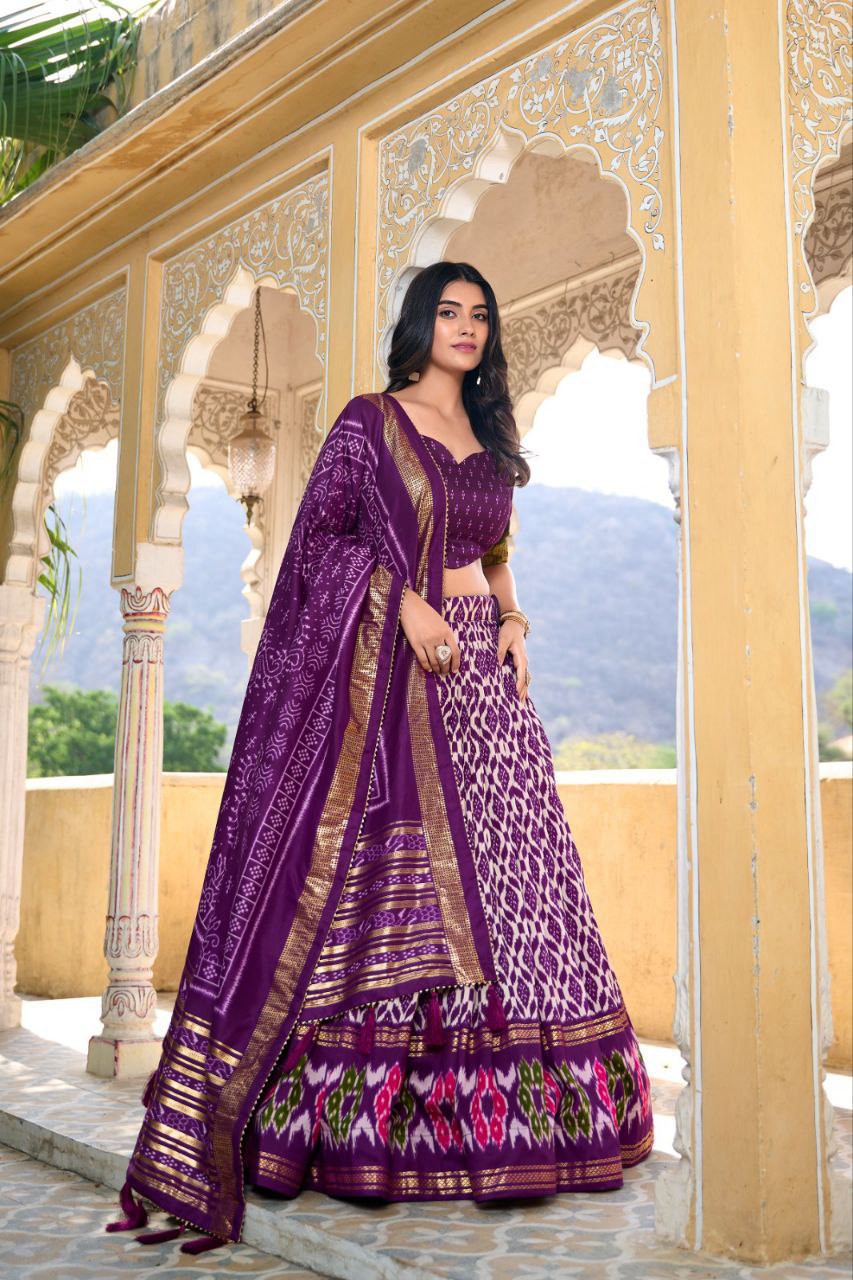 Embrace the elegance of Dola Silk, where tradition meets contemporary style in every printed lehenga choli
