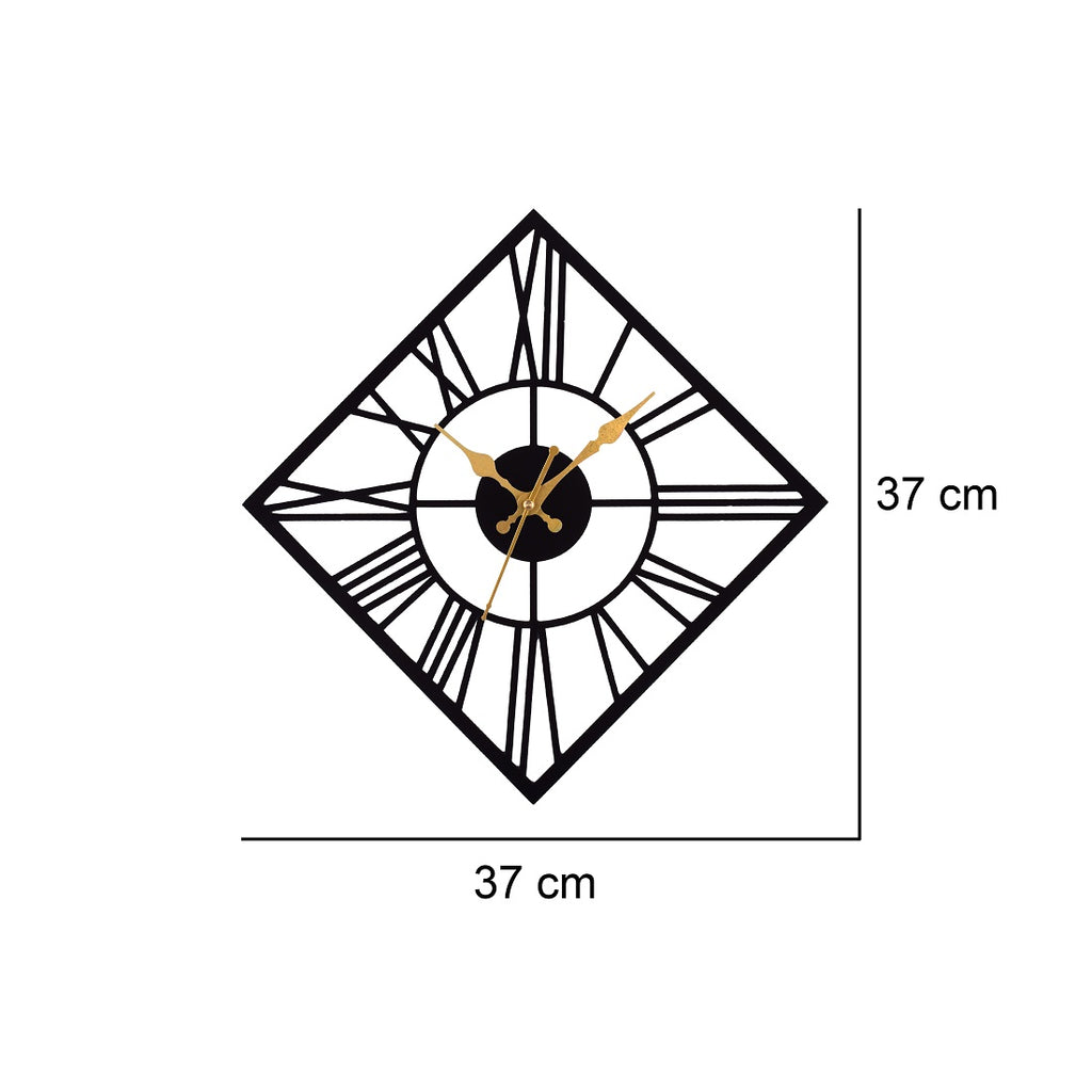 Roman Numeral Wall Clock 37 CM – Black & Gold Diamond Shape Designer Clock for Home, Living Room & Office