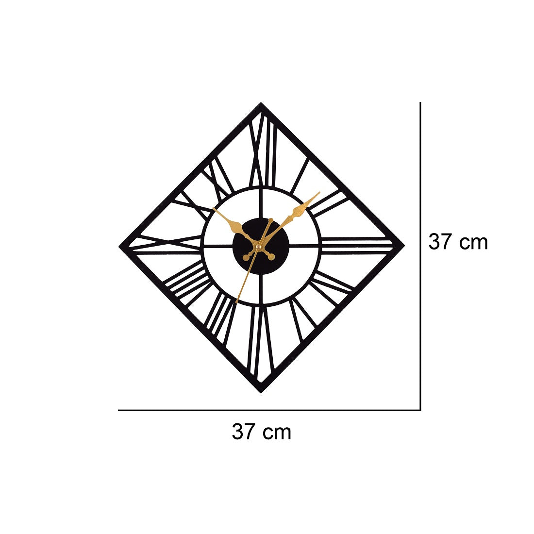 Roman Numeral Wall Clock 37 CM – Black & Gold Diamond Shape Designer Clock for Home, Living Room & Office