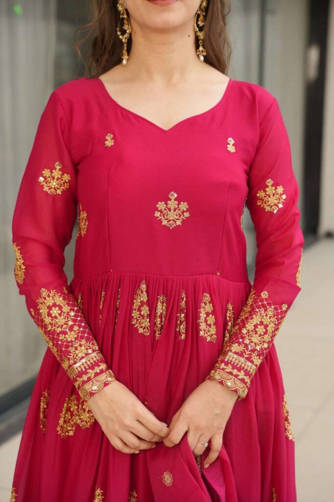 Women’s Ethnic Anarkali Style Floor-Length Gown in Magenta with Golden Zari Embroidery – Festive & Wedding Wear