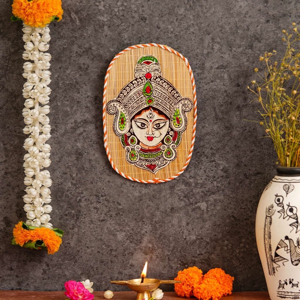 Hand-Painted Durga Wall Hanging – Bamboo Goddess Durga Face Folk Art
