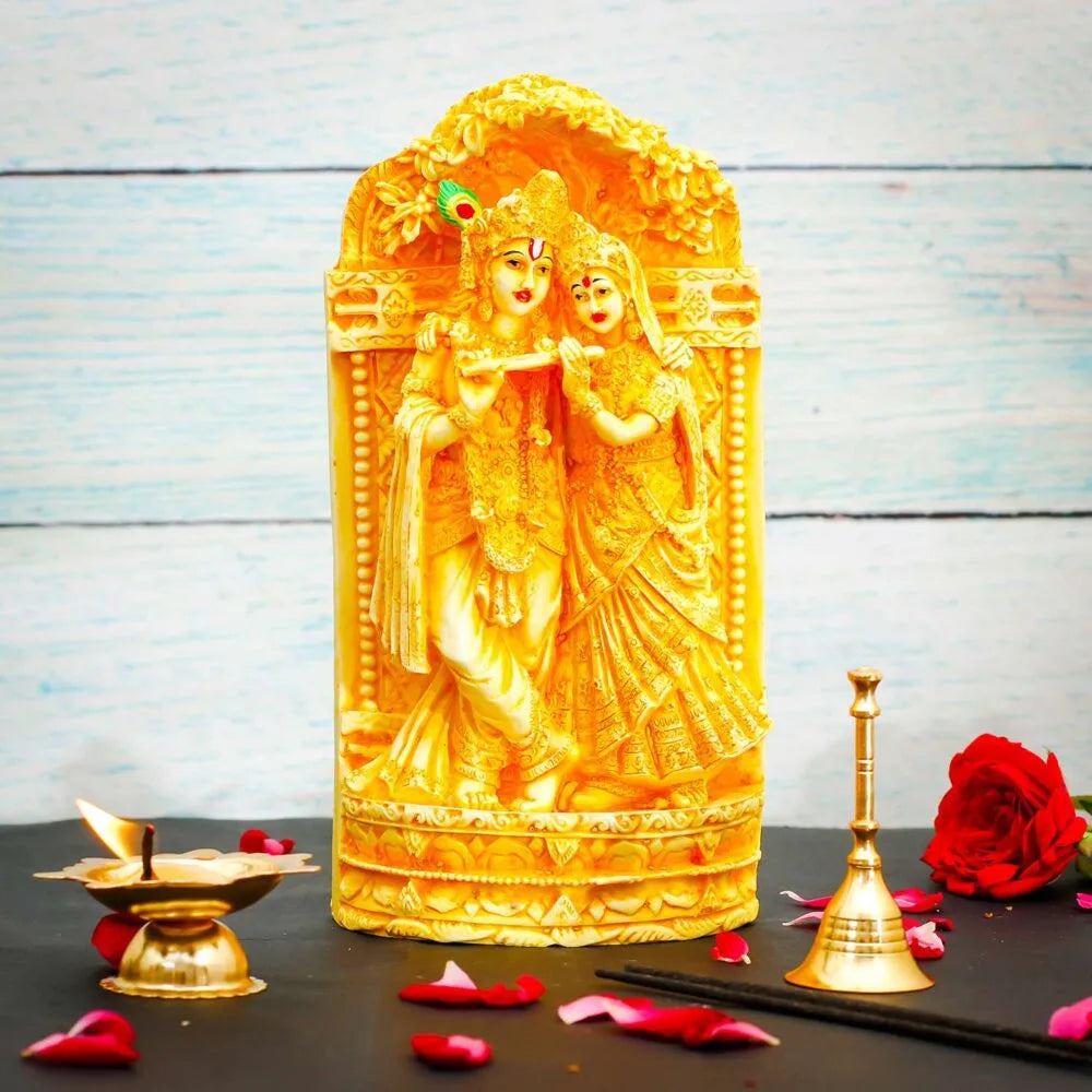 Radha Krishna Idol – Golden Polyresin Statue for Home Temple & Festive Décor
