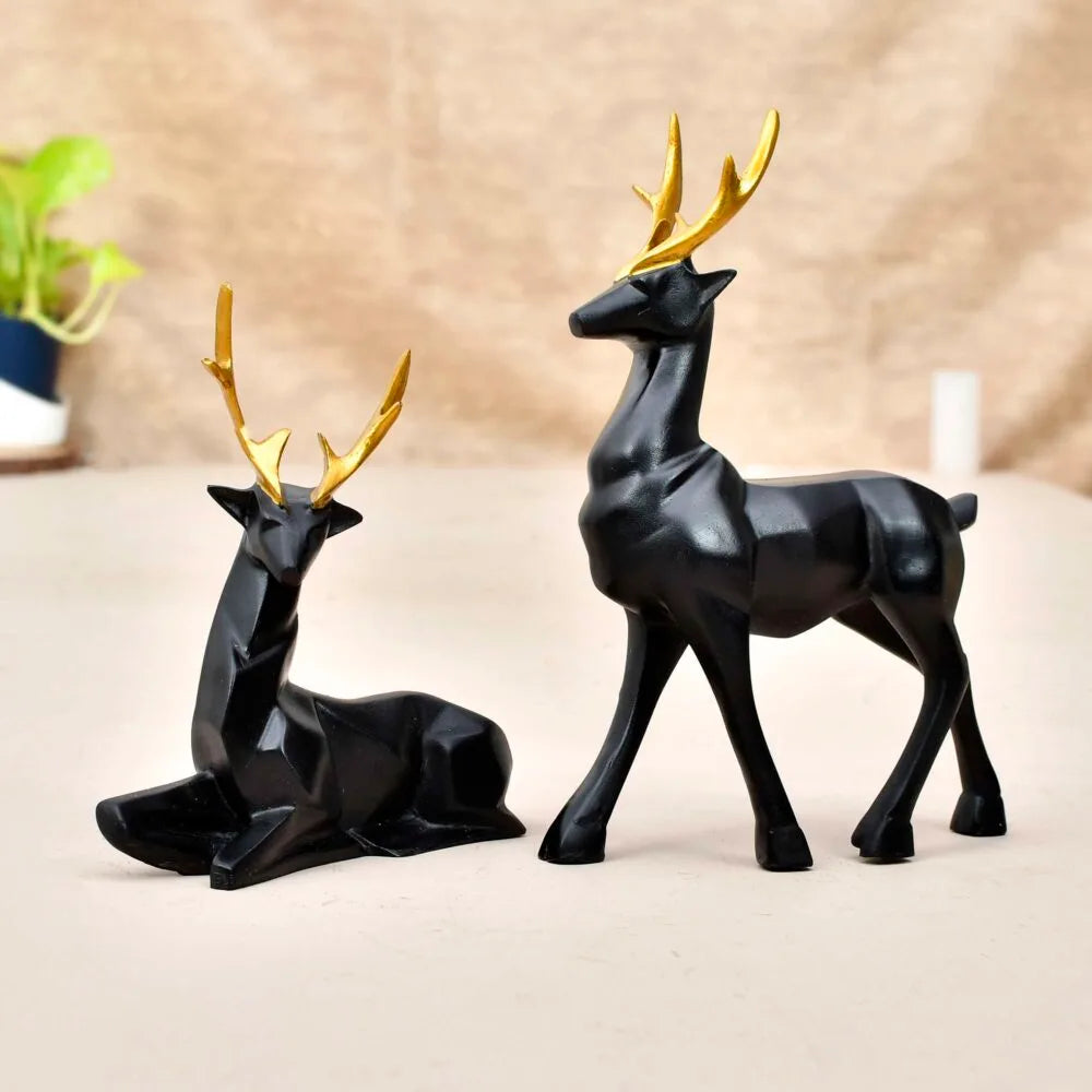 Set of 2 Black & Gold Deer Showpieces – Resin Home Décor Statue for Table Centerpiece and Living Room Decoration