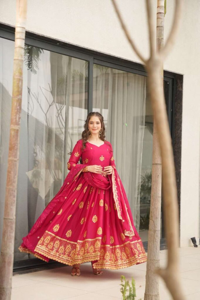 Women’s Ethnic Anarkali Style Floor-Length Gown in Magenta with Golden Zari Embroidery – Festive & Wedding Wear
