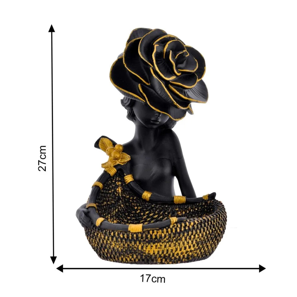 Black & Gold Girl with Flower Hat Decorative Basket – Resin Home Decor Showpiece and Table Centerpiece Gift