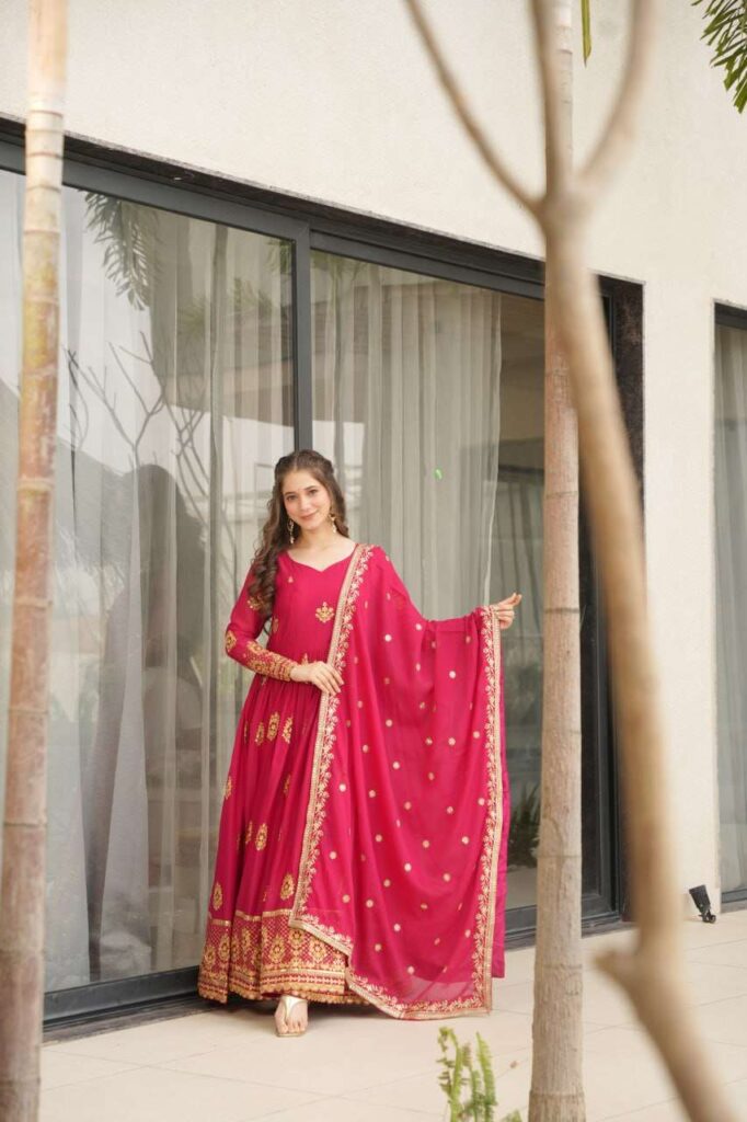 Women’s Ethnic Anarkali Style Floor-Length Gown in Magenta with Golden Zari Embroidery – Festive & Wedding Wear