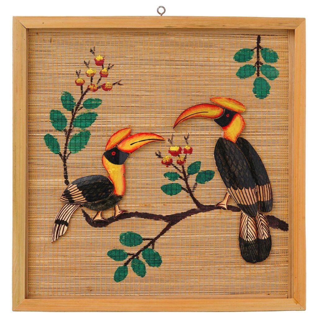 Hand-Painted Hornbill Bamboo Wall Art – Framed Bird Wall Decor (12x12 in)