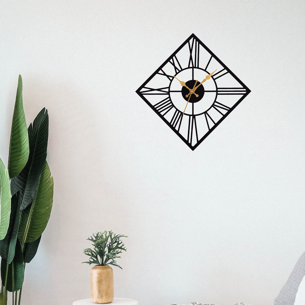 Roman Numeral Wall Clock 37 CM – Black & Gold Diamond Shape Designer Clock for Home, Living Room & Office