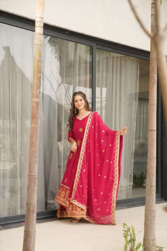 Women’s Ethnic Anarkali Style Floor-Length Gown in Magenta with Golden Zari Embroidery – Festive & Wedding Wear